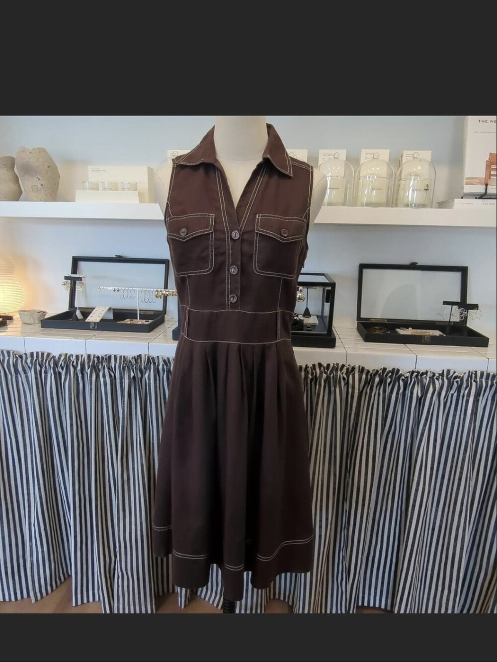 Carole Little vintage brown linen dress with white stitching Size 8